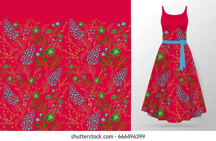 Flower embroidery on dress mock up. Cute little flowers seamless border textile print vintage art. Fashion decoration patch realistic 3d vector illustration woman clothes. Blue green on pink