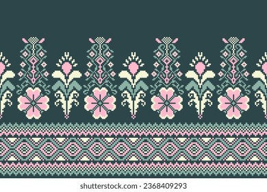 flower embroidery on green background. ikat and cross stitch geometric seamless pattern ethnic oriental traditional. Aztec style illustration design for carpet, wallpaper, clothing, wrapping, batik.