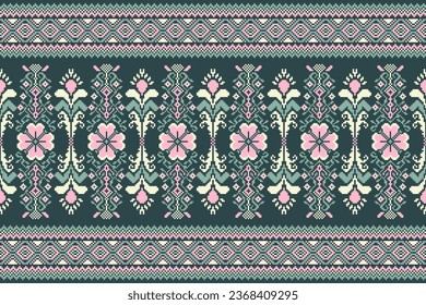 flower embroidery on green background. ikat and cross stitch geometric seamless pattern ethnic oriental traditional. Aztec style illustration design for carpet, wallpaper, clothing, wrapping, batik.