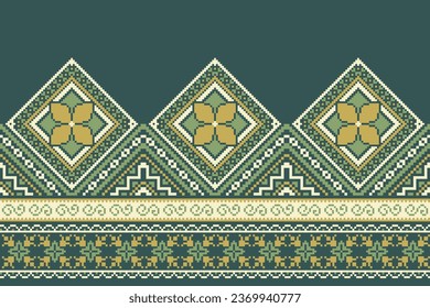 flower embroidery on green background. ikat and cross stitch geometric seamless pattern ethnic oriental traditional. Aztec style illustration design for carpet, wallpaper, clothing, wrapping, batik.