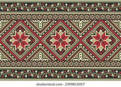 flower embroidery on green background. ikat and cross stitch geometric seamless pattern ethnic oriental traditional. Aztec style illustration design for carpet, wallpaper, clothing, wrapping, batik.