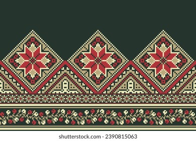 flower embroidery on green background. ikat and cross stitch geometric seamless pattern ethnic oriental traditional. Aztec style illustration design for carpet, wallpaper, clothing, wrapping, batik.