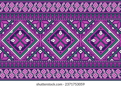 flower embroidery on purple background. ikat and cross stitch geometric seamless pattern ethnic oriental traditional. Aztec style illustration design for carpet, wallpaper, clothing, wrapping, batik.