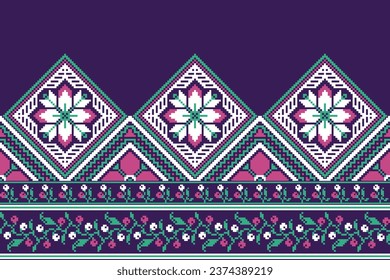 flower embroidery on purple background. ikat and cross stitch geometric seamless pattern ethnic oriental traditional. Aztec style illustration design for carpet, wallpaper, clothing, wrapping, batik.