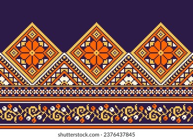 flower embroidery on purple background. ikat and cross stitch geometric seamless pattern ethnic oriental traditional. Aztec style illustration design for carpet, wallpaper, clothing, wrapping, batik.