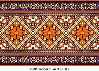 flower embroidery on purple background. ikat and cross stitch geometric seamless pattern ethnic oriental traditional. Aztec style illustration design for carpet, wallpaper, clothing, wrapping, batik.
