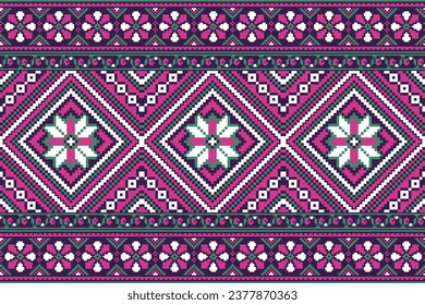 flower embroidery on purple background. ikat and cross stitch geometric seamless pattern ethnic oriental traditional. Aztec style illustration design for carpet, wallpaper, clothing, wrapping, batik.