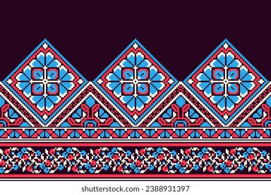 flower embroidery on purple background. ikat and cross stitch geometric seamless pattern ethnic oriental traditional. Aztec style illustration design for carpet, wallpaper, clothing, wrapping, batik.