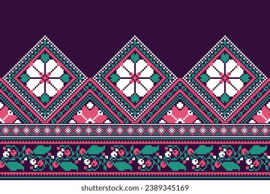 flower embroidery on purple background. ikat and cross stitch geometric seamless pattern ethnic oriental traditional. Aztec style illustration design for carpet, wallpaper, clothing, wrapping, batik.