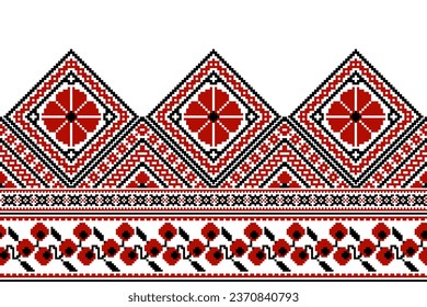 flower embroidery on white background. ikat and cross stitch geometric seamless pattern ethnic oriental traditional. Aztec style illustration design for carpet, wallpaper, clothing, wrapping, batik.