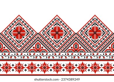 flower embroidery on white background. ikat and cross stitch geometric seamless pattern ethnic oriental traditional. Aztec style illustration design for carpet, wallpaper, clothing, wrapping, batik.