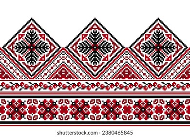 bordado floral sobre fondo blanco. ikat y cross stitch patrón geométrico sin costuras étnico oriental tradicional. Diseño de ilustración de estilo azteca para alfombras, papel pintado, ropa, envoltura, batik.