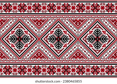 flower embroidery on white background. ikat and cross stitch geometric seamless pattern ethnic oriental traditional. Aztec style illustration design for carpet, wallpaper, clothing, wrapping, batik.