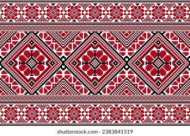 flower embroidery on white background. ikat and cross stitch geometric seamless pattern ethnic oriental traditional. Aztec style illustration design for carpet, wallpaper, clothing, wrapping, batik.