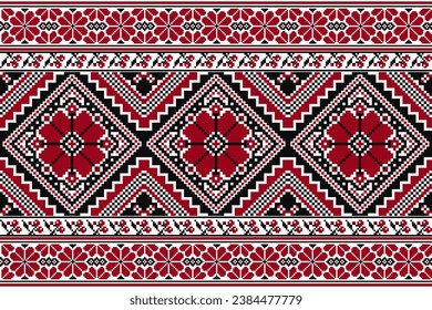 bordado floral sobre fondo blanco. ikat y cross stitch patrón geométrico sin costuras étnico oriental tradicional. Diseño de ilustración de estilo azteca para alfombras, papel pintado, ropa, envoltura, batik.