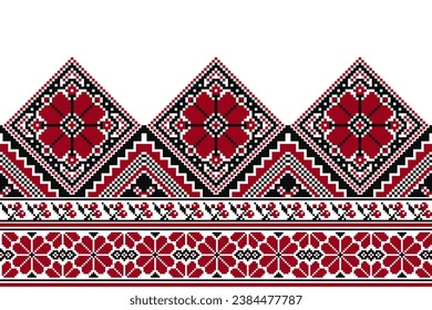 flower embroidery on white background. ikat and cross stitch geometric seamless pattern ethnic oriental traditional. Aztec style illustration design for carpet, wallpaper, clothing, wrapping, batik.