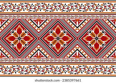 bordado floral sobre fondo blanco. ikat y cross stitch patrón geométrico sin costuras étnico oriental tradicional. Diseño de ilustración de estilo azteca para alfombras, papel pintado, ropa, envoltura, batik.