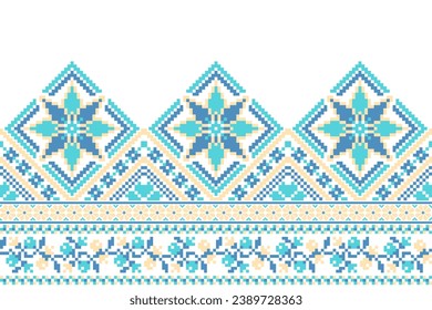 flower embroidery on white background. ikat and cross stitch geometric seamless pattern ethnic oriental traditional. Aztec style illustration design for carpet, wallpaper, clothing, wrapping, batik.
