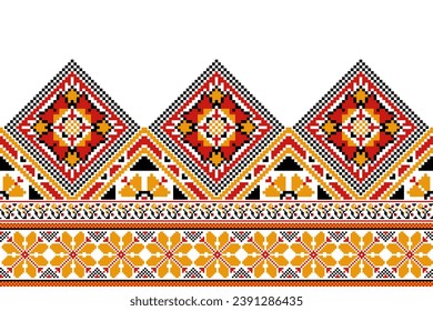 flower embroidery on white background. ikat and cross stitch geometric seamless pattern ethnic oriental traditional. Aztec style illustration design for carpet, wallpaper, clothing, wrapping, batik.