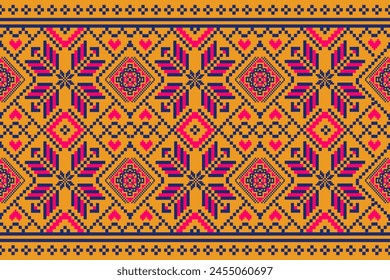 flower embroidery on white background. ikat and cross stitch geometric seamless pattern ethnic oriental traditional. Aztec style illustration design for carpet, wallpaper, clothing, wrapping, batik.