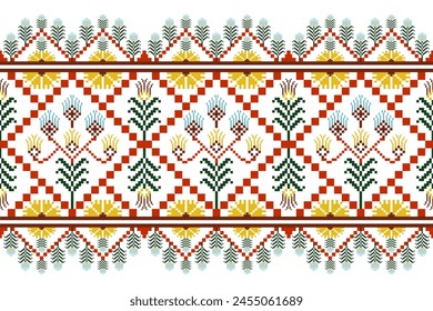 flower embroidery on white background. ikat and cross stitch geometric seamless pattern ethnic oriental traditional. Aztec style illustration design for carpet, wallpaper, clothing, wrapping, batik.