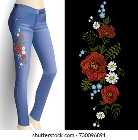 Flower Embroidery On Woman Blue Jeans 3d Mockup. Fashion Outfit Detail Rose Poppy Flower Print Patch Vector Illustration