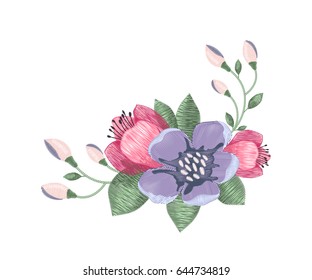 Flower embroidery patch. Vintage design. Vector illustration