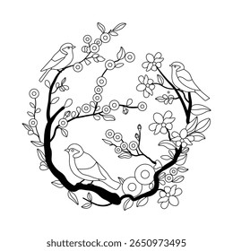 Flower Embroidery Pattern With Birds, Hand Drawn Floral illustration. Flower embroidery sticker. Hand Embroidery Design for Modern DIY Hoop Art, Blossom coloring book element