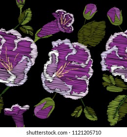 Flower embroidery. Seamless pattern of hand drawn texture. Black background. Vector collection