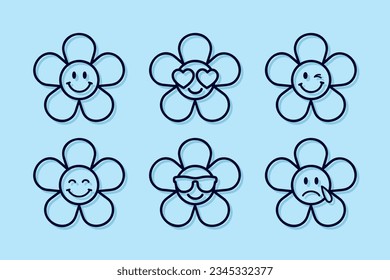 flower emoji set, set of thin line daisy emoticons isolated on a blue background, vector design elements