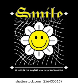 flower and emoticon smile t-shirt vector design with text "smile". streetwear and Urban style on black background