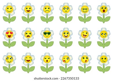 Flower emoticons set. Group of funny flowers, cartoon illustrations with different emotion, happy, sad, laughing and crying.