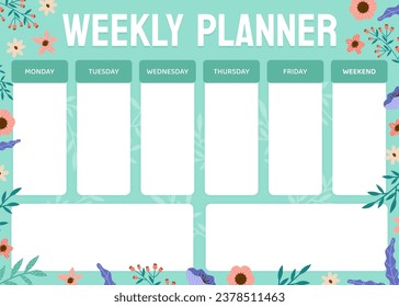 Flower Empty Weekly Planner Design with Blooming Flora Vector Template