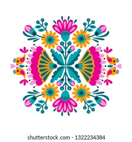 Flower Ethnic Decoration. Fashion Mexican, Navajo Or Aztec, Native American Ornament.  Colored Vector Design Element For Frame And Border, Textile, Fabric Or Paper Print. Vector Illustration 