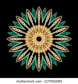 Flower. Ethnic greek mandala pattern. Floral colorful vector background. Fractal round sunny ornament. Abstract shapes, circles, greek key, meanders. Decorative beautiful flower mandala design.