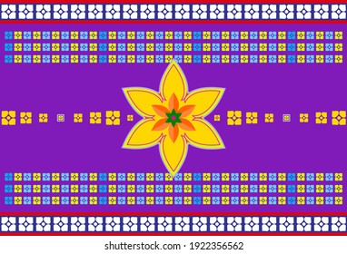 blühendes ethnisches Muster, geometrische Wiederholung auf violettem Hintergrund. Design, das auf dem Stoff oder Stoff aufgedruckt werden soll.