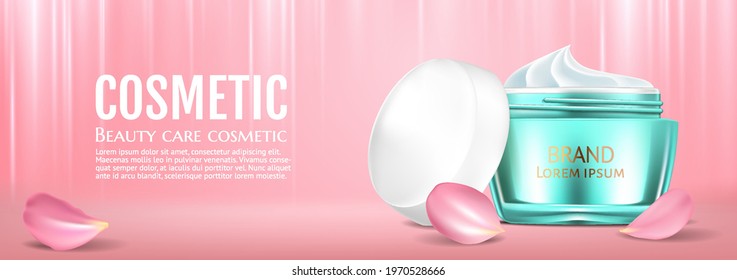 Flower extract cosmetic ads template banner realistic 3D illustration skincare moisturizing vip luxury mockup elegant glow background pink petal. Promoting promo poster.