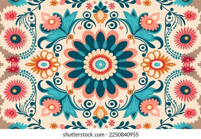 Flower fabric pattern vintage pastel colors. Abstract indigenous graphic line art for flowers ancient. Textile vector illustration old antique vintage retro style. Floral design for clothing, etc.