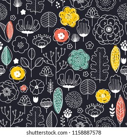 Flower fabric seamless pattern. Linear graphic. florals background. Scandinavian style. Vector illustration