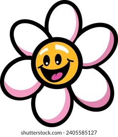 
Flower with face. Cool Groovy Sticker Background. y2k pop art girly pink.  Hippie love. 70s and 80s style cute character. Trendy groovy print design for posters, cards, tshirt.