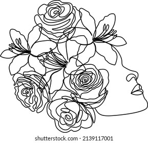 Flower face one line art, flower head one line drawing, flower hair, flowers in hair, head of flowers, abstract one line art