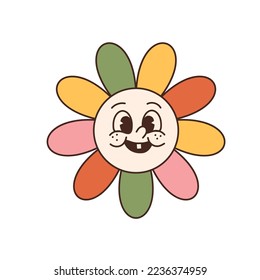 Flower with face in trendy retro cartoon style. Groovy hippie 70s aesthetic.	
