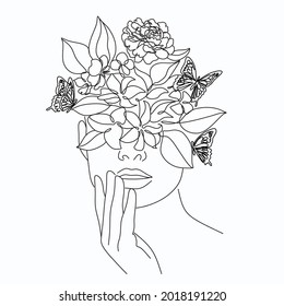 Flower face woman line drawing. Modern continuous line art. Women line art. Beauty salon logo. Coloring book. Botanical print. Nature symbol of cosmetics. Fashion logo.