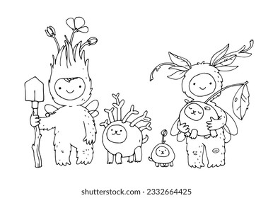 Сartoon flower fairies. Forest elves. Garden gnomes. Cute funny babies. Illustration for coloring book