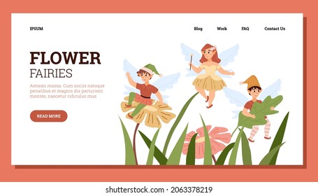 Flower fairies website banner layout, flat vector illustration. Landing page with flying pixies with wings and magic wand. Poster for children design.
