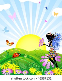 flower fairy with butterflies in the meadow