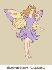 Flower fairy girl with butterfly wings. Handmade drawing vector. Can be used for illustrations, posters, tattoos etc.