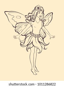 Flower fairy girl with butterfly wings. Handmade black and white drawing vector. Can be used for illustrations, posters, tattoos etc.