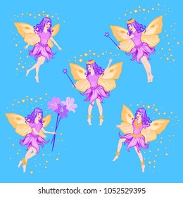 Flower fairy girls with butterfly wings. Handmade drawing vector set. Can be used for illustrations, posters, children's books etc.