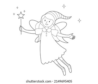 Flower fairy with a magic wand in her hand. Coloring book for children. Illustration highlighted on  white background.